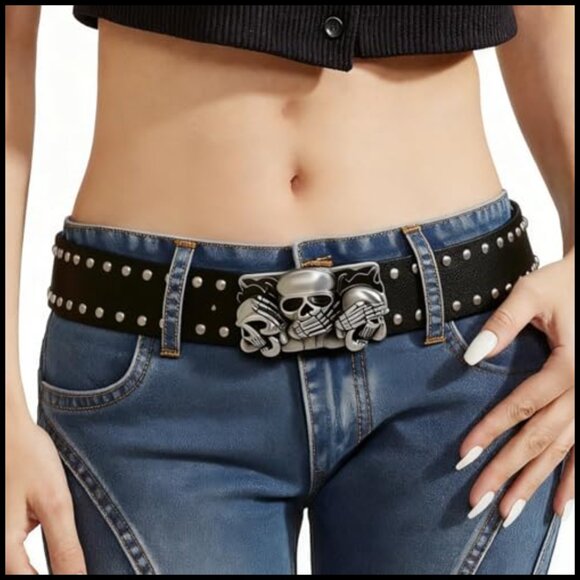 Skull Head Leather Buckle Belt Gothic Punk Waist Band Skeleton Metal Buckle - Picture 6 of 7